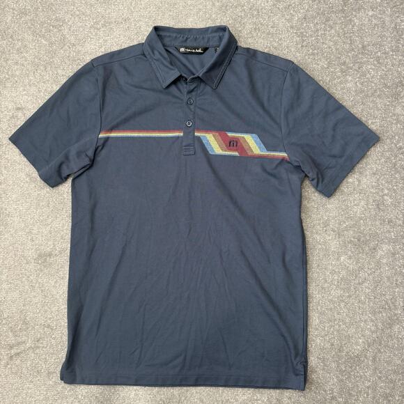 Travis Mathew Polo Shirt Mens Medium Blue Retro Stripe Golf Athletic Casual - Picture 1 of 7